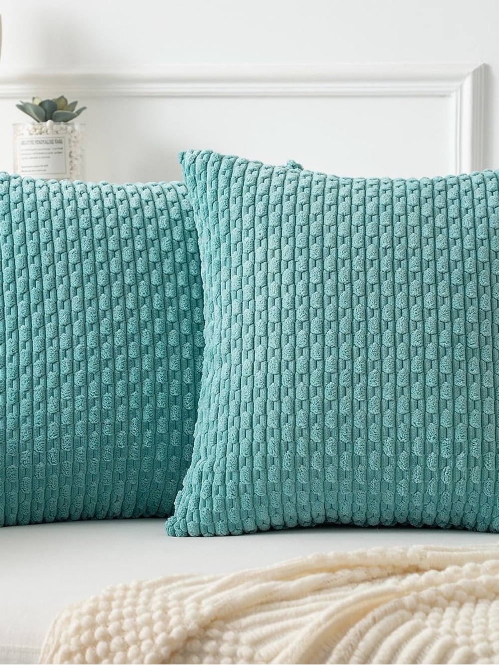 Textured Knit Throw Pillow Cover Pair in Aqua Green